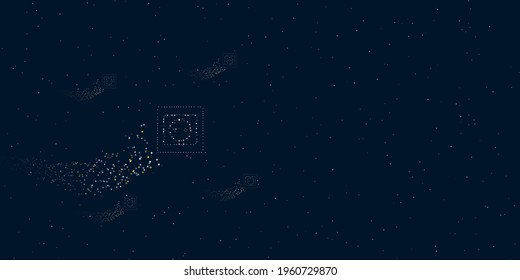 A power socket symbol filled with dots flies through the stars leaving a trail behind. There are four small symbols around. Vector illustration on dark blue background with stars