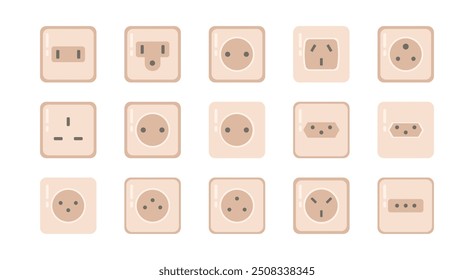 Power sockets collection, isolated electrical outlets with round and flat pins. Vector various types of receptacles with different plug configurations, voltages and currents. World standard icons