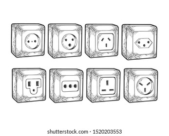 Power sockets of different countries sketch engraving vector illustration. Tee shirt apparel print design. Scratch board style imitation. Black and white hand drawn image.