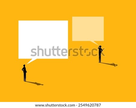 power of speech, conversation, meeting. Two businessmen with big and small speech bubbles. vector