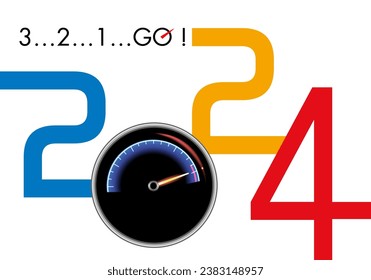 Power and speed themed 2024 greeting card with a racing car lap counter symbol.