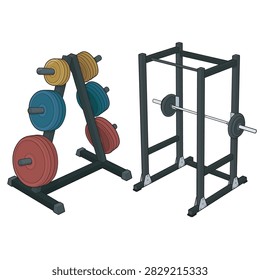 Power squat rack with loaded barbell alongside a freestanding weight plate storage rack, isolated on white background