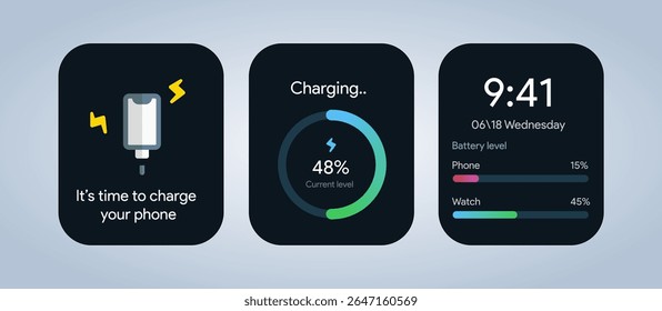 Power Sration charging UI. Percentage level tracker. Electric battery charge indicator widget. Modern UX design screen for app or smartphone interface. Green energy display. Vector Illustration.