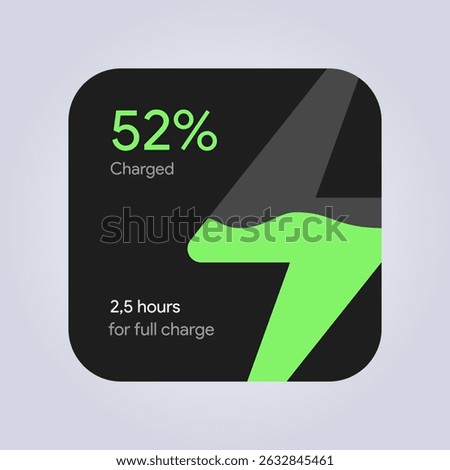 Power Sration charging UI. Percentage level tracker. Electric battery charge indicator widget. Modern UX design screen for app or smartphone interface. Green energy display. Vector Illustration.