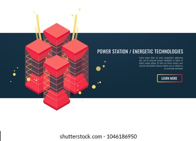 Power station and energetic technologies concept . Electric Energy Factory. Communication, technology town, electric, energy. Vector isometric vertical banner on dark background