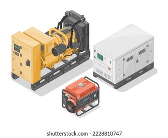 Generadores de centrales eléctricas motores de motor de gas de diferente tamaño isométrico para la industria y el equipo de construcción y para el hogar aislados en blanco