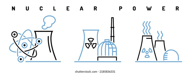 Conjunto de iconos de la estación de energía. Unidad de generación de vapor-electricidad nuclear. Señales de fuentes de energía renovables. Ilustración vectorial editable en un estilo lineal moderno aislado en un fondo blanco.