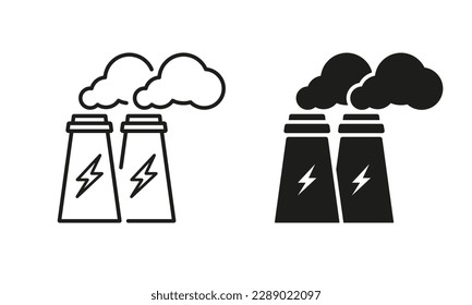 Power Station Line and Silhouette Icon Set. Electricity Energy Pictogram. Factory Industry Building with Smoke Symbol Collection on White Background. Power Plant. Isolated Vector Illustration.