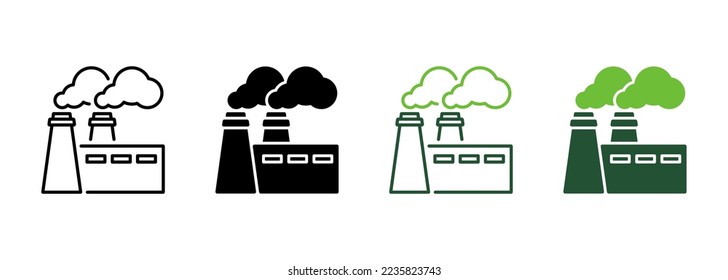 Power Station with Smoke Line and Silhouette Icon Set. Industrial Factory Pictogram. Plant Production Nuclear Pollution Symbol Collection on White Background. Isolated Vector Illustration.