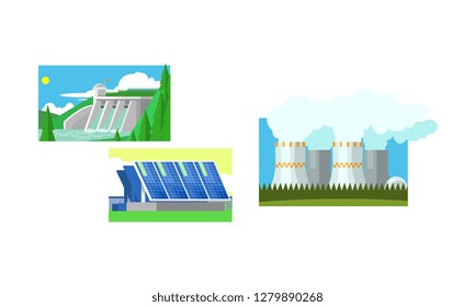 Power station, solar panels, water power plant, clean and polluting energy generation production vector Illustration