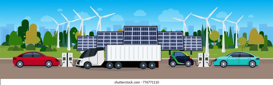 Power Station With Vechicles Charging Over Wind Trurbines And Solar Panel Batteries Eco Friendly Electric Car Concept Flat Vectro Illustration