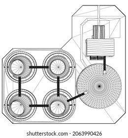 Power station wireframe from black lines isolated on white background. View from above. 3D. Vector illustration