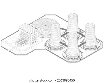 Power station wireframe from black lines isolated on white background. Isometric view. 3D. Vector illustration