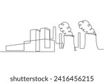 Power stations and plants for energy generation. Continuous one line drawing. Industrial buildings landscape.