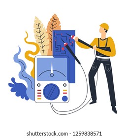 Power strength measurement and electrician in overalls and hardhat abstract plants isolated icon device with scale tension defining tool or instrument industrial worker in uniform leaves vector.