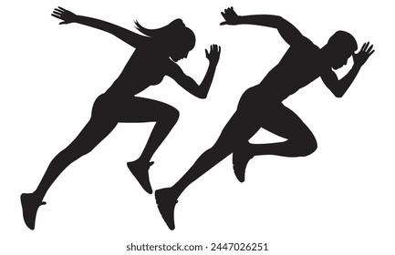 Power Strides: Muscular Male and Female Sprinters in Fitness Action. Race to Success Inspiring Running Character Silhouettes. Dynamic Running and Racing Characters isolated element.