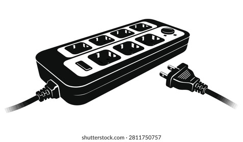 Power strip with connected plug black and white silhouette
