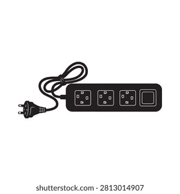 Power strip with cord and outlets black silhouette on white background