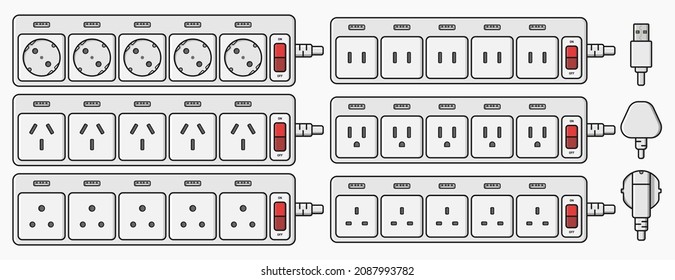 power strip extension cord outlet plug set vector flat illustration