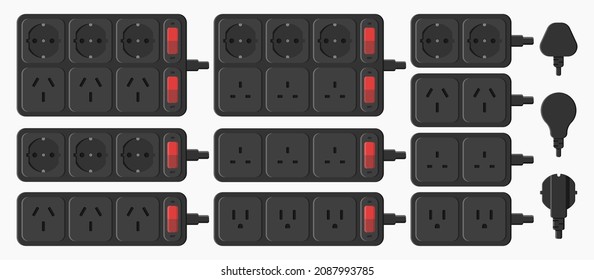 power strip extension cord outlet plug set vector flat illustration