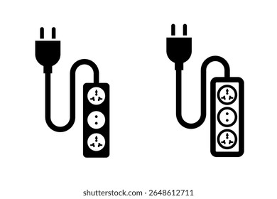 Cabo de extensão de extensão de régua de energia com conjunto de ícones de vetor de plugue, ilustrando soluções elétricas para várias tomadas, distribuição de energia e várias necessidades de conexão de energia