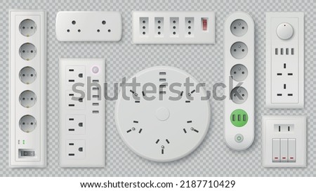 Power strip. Realistic electric elements. 3D white plastic sockets. Triple cable connectors. Switch devices. USB ports. Round and square shape. Electricity energy. Decent