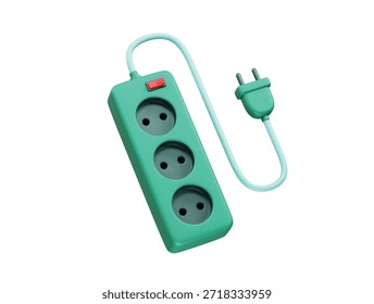  Tira de alimentación con tres tomas e ilustración de icono de enchufe 3d