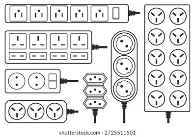 Réguas de energia. Divisores e extensores elétricos, diferentes padrões globais, soquetes, vários plugues, ícones lineares, distribuição elétrica e potência organizada para conjunto vetor qualitativo de vários dispositivos
