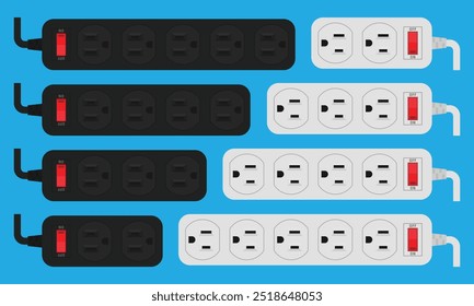 Tiras de alimentación con interruptores rojos y un número variable de salidas. Conjunto de tiras de energía eléctrica con tomas de corriente de tipo B