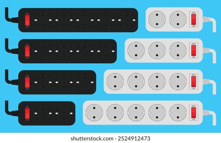 Power strips with red switches and varying numbers of type F euro outlets