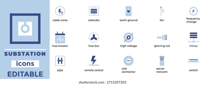 Paquete de iconos de subestación de energía Interruptor de fusible eléctrico Interruptor de varilla de relámpago de alto voltaje Vectores editables