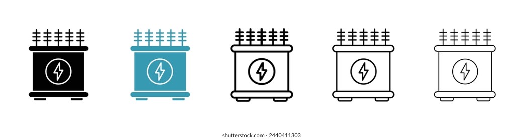 Power Substation Transformer Icons. Electrical Energy Distribution Symbol Set