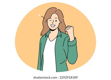 Power success and positive emotions concept. Smiling woman standing showing fist meaning success luck and achieving some goal vector illustration