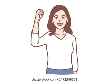 Power success and positive emotions concept. Smiling woman standing showing fist meaning success. Hand drawn style vector design illustrations.