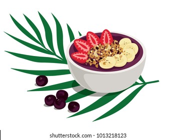 Power Summer Acai Bowl. Sweet and tropical fruit smoothie bowl with strawberries, banana and granola topping. A healthy breakfast over palm leaf with açai berries on the side. Isolated vector