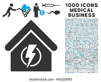 Power Supply Building icon with 1000 medical commerce gray and blue vector design elements. Clipart style is flat bicolor symbols, white background.