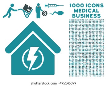 Power Supply Building icon with 1000 medical business soft blue vector pictographs. Design style is flat bicolor symbols, white background.