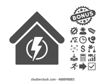 Power Supply Building icon with bonus icon set. Vector illustration style is flat iconic symbols, gray color, white background.