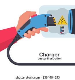 Power supply connect to electric car for add charge to battery. Electric car charger. Eco fuel. Vector illustration flat design. Connector for Electric refueling. Plug and socket. Green energy.