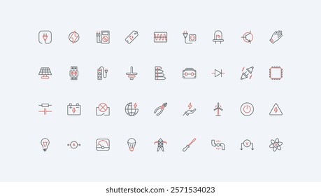 Power supply and energy generator, electrician equipment and tool line icon set. High voltage system transmission, transformer and battery thin black and red outline symbols vector illustration