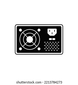Power supply icon in black flat glyph, filled style isolated on white background