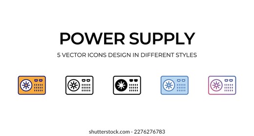 fuente de alimentación Icono de diseño en estilo Cinco con Accionamiento Editable. Línea, Sólido, Línea plana, Color de tono Duo y Línea de degradado de color. Adecuado para diseño de páginas Web, aplicaciones móviles, UI, UX y GUI.