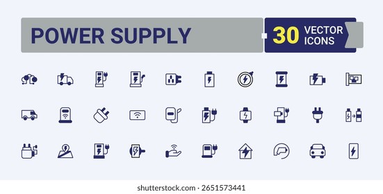 Power Supply icon set. Includes thin line symbols charger, plug, technology, battery, ev, electricity. Charging vector line icon set. Minimalist editable stroke. Editable outline and solid icons.
