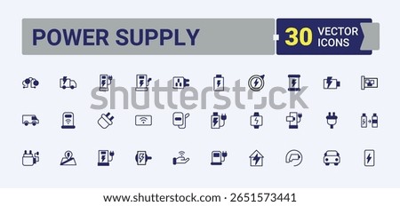 Power Supply icon set. Includes thin line symbols charger, plug, technology, battery, ev, electricity. Charging vector line icon set. Minimalist editable stroke. Editable outline and solid icons.