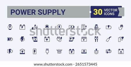Power Supply icon set. Includes thin line symbols charger, plug, technology, battery, ev, electricity. Charging vector line icon set. Minimalist editable stroke. Editable outline and solid icons.