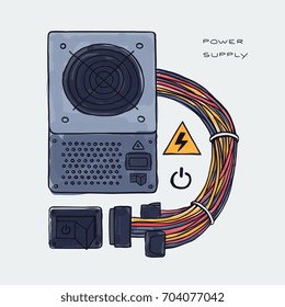 power supply, part of computer component, hand drawn vector illustration.
