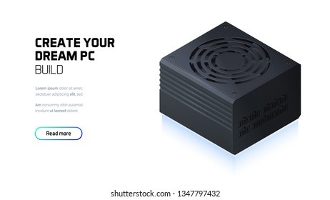 Power supply realistic 3d isometric illustration, personal computer hardware components, custom gaming and workstation accessories, pc store and service