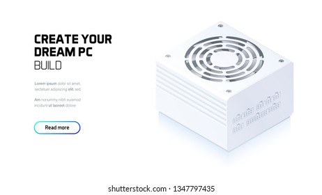 Power supply realistic 3d isometric illustration, personal computer hardware components, custom gaming and workstation accessories, pc store and service
