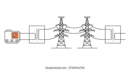 Esquema de alimentação elétrica. Distribuição de energia elétrica com residências familiares, postes de rede elétrica de alta tensão, transformador elétrico. Ilustração vetorial
