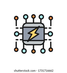Sistema de suministro de energía, sistema de electricidad inteligente, esquema de icono de línea de color plana.